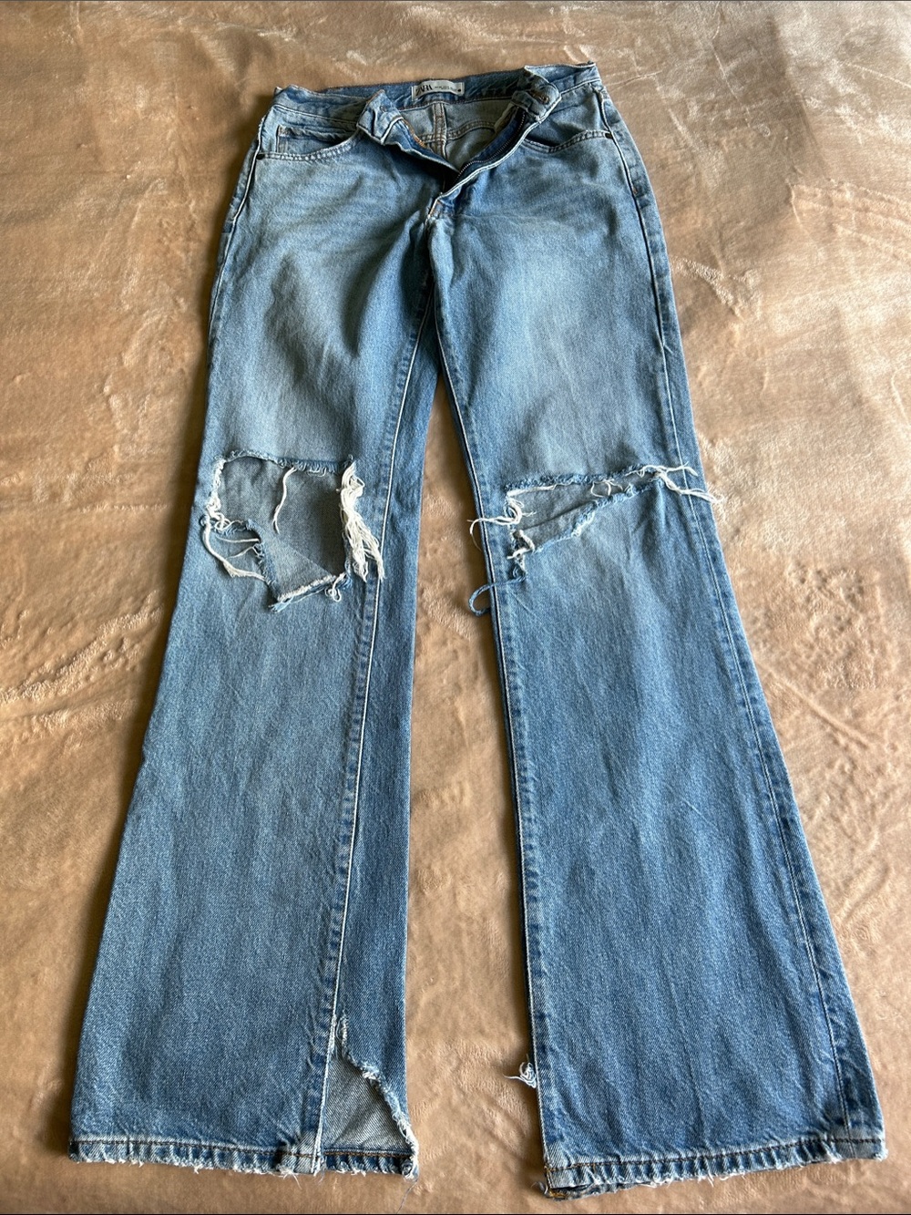 Zara Light Wash Distressed Wide Leg Jeans